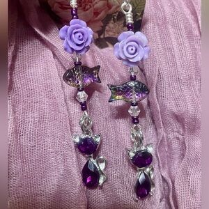 Purple Gem Cats Hand Crafted Earrings